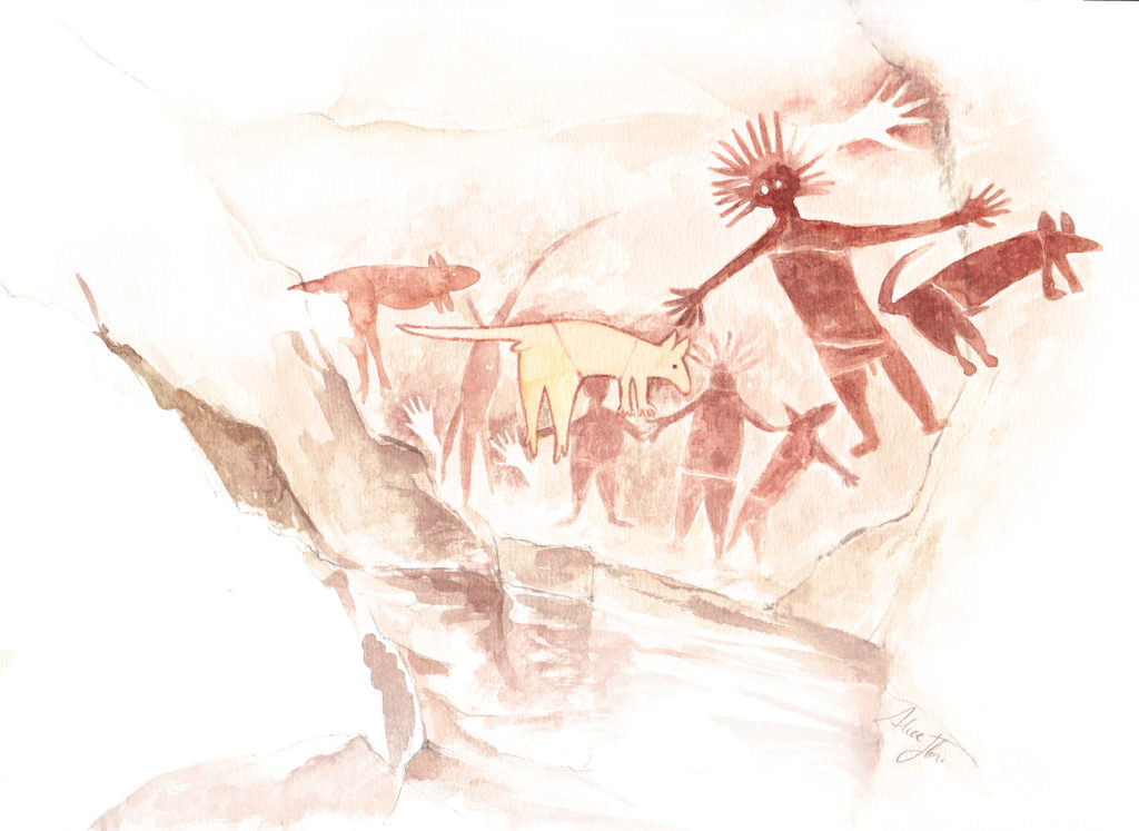 Aquarelle représentant des peintures rupestres d'Humains avec des Dingos