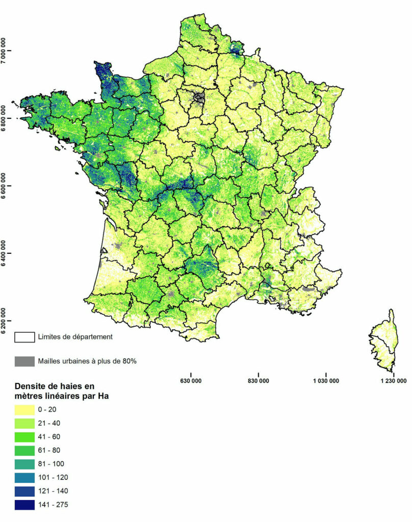 Densité de haies sur la carte de France