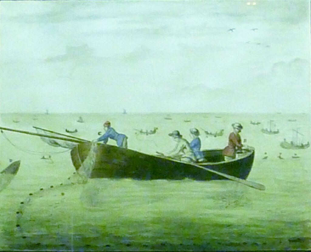 Aquarelle représentant des pêcheurs à la sardine posant leur filet depuis une barque