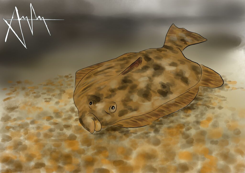 Illustration d'un des poissons plats, le Flétan de l'Atlantique